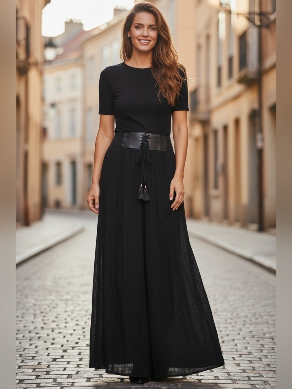 No Boundaries Size M (7-9) Black Lace Tiered Maxi Design Faux Leather Long Skirt